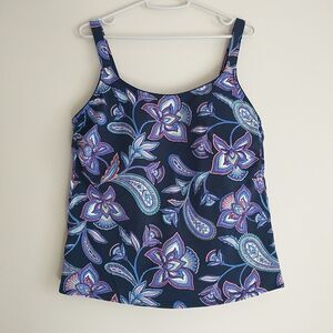 Lands End Tankini Swim Top Womens 14 Blue Floral Build In Bra Adjustable Straps